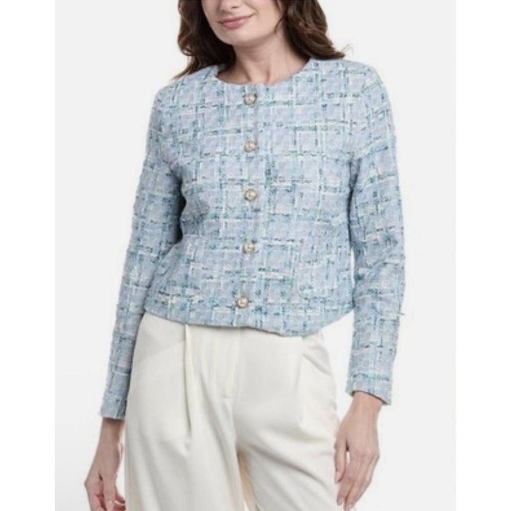 Nanette Lepore Tweed Elegant Blue Women's Pearl Button Blazer Jacket Size Large